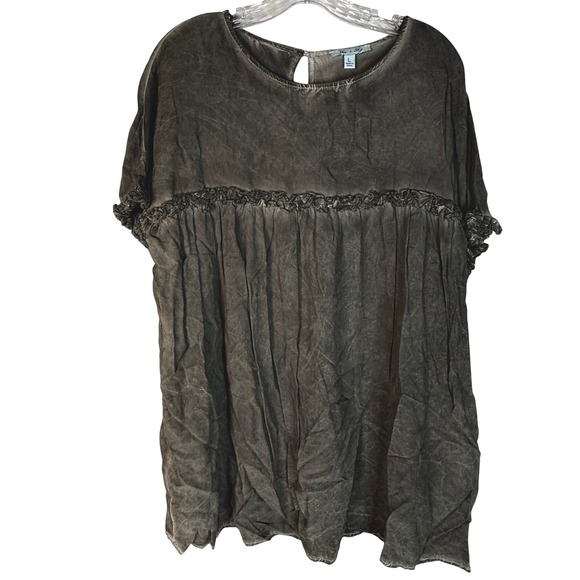 She & Sky Tops - She + Sky Gray Washed Rayon Babydoll Tunic Top Women's L Boho crochet trim